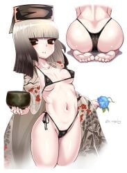 1girls ass barefoot bikini black_bikini black_eyes black_hair black_headwear blunt_bangs breasts collarbone cup erect_nipples_under_clothes fate/grand_order fate_(series) female female_only flower gerontophilia gradient_hair grey_hair hat high_resolution highleg highleg_bikini huge_ass japanese_clothes kimono looking_at_viewer medium_breasts medium_hair micro_bikini multicolored_hair multiple_views navel open_clothes open_kimono sekai_saisoku_no_panda sen_no_rikyu_(fate) smile swimsuit tea_cup thighhighs thighs toes very_high_resolution