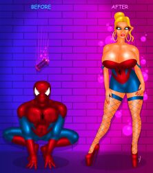 before_and_after big_breasts big_eyelashes big_lips bimbo bimbo_lips bimbofication blonde_hair commission earrings fishnets fredrichi69 gender_transformation gloves high_heels hoop_earrings hoop_earrings_oversized male_to_female marvel mtf_transformation rule_63 spider-man spider-man_(series) transformation