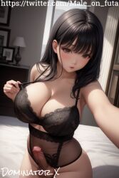 1futa ai_generated artist_logo asian ass athletic_futanari bangs big_breasts big_penis black_hair bodysuit bra bulge clothed clothed_futanari dickgirl dominatorx futa_only futanari human indoors intersex lace legs looking_at_viewer panties penis ponytail solo solo_futa standing stockings testicles thin_penis