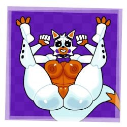 animal_ears arms_up ass black_eyes blush_stickers border bow bowtie breasts cleft_of_venus crushtrap female five_nights_at_freddy's five_nights_at_freddy's:_sister_location full_body furry furry_female huge_breasts joints large_breasts legs_up lolbit lolbit_(fnaf) long_sleeves looking_at_viewer lying makeup nipples purple_background purple_bow purple_bowtie pussy robot_joints short_hair simple_background smile solo spread_legs tail thick_thighs thighs white_hair