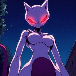 ai_generated angry angry_face angry_female anthro breasts featureless_breasts female female_only film_grain glowing_eyes glowing_red_eyes looking_at_viewer looking_down mewtwo nude pokemon pokemon_(species) red_eyes tagme