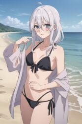 1girls ai_generated beach bikini black_bikini blue_eyes elaina_(majo_no_tabitabi) glasses looking_at_viewer majo_no_tabitabi partially_nude petite round_glasses sand thighs undressing water white_hair