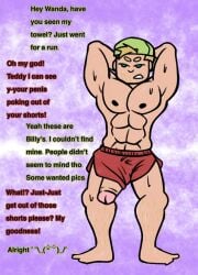 1boy abs biceps big_penis blonde_hair chalkbone cocky english_text hat hulkling male male_only marvel muscles muscular_male orientation_play penis penis_out penis_out_of_shorts shorts solo sweat sweating sweaty talking teddy_altman text younger_male