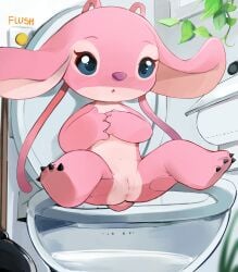 absurd_res alien angel_(lilo_and_stitch) anthro anus blue_eyes blush claws disney experiment_(lilo_and_stitch) female floppy_ears flush_vore fur genitals hi_res lilo_and_stitch pink_body pink_fur pussy solo spread_legs spreading toilet yupa