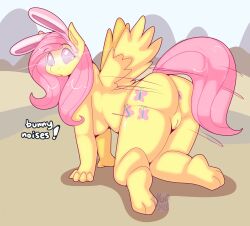 2023 all_fours anthro anus ass breasts cutie_mark day digital_media_(artwork) english_text equid equine fake_ears fake_rabbit_ears feathered_wings feathers female fluttershy_(mlp) friendship_is_magic genitals hair hasbro hi_res looking_at_viewer mammal maynara mind_control my_little_pony nipples nude open_mouth outside pegasus pink_eyes pink_hair pussy solo spiral_eyes text wings yellow_body