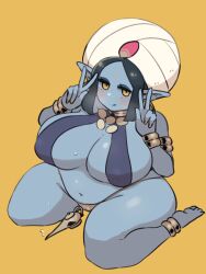 1girls big_breasts blue_body blue_hair blue_skin blush double_peace_sign eyebrows female female_only genie genie_(harusame10000) genie_girl genie_lamp harusame10000 large_breasts looking_at_viewer navel necklace panties peach_pussy pointy_ears solo solo_focus solo_male thick_thighs thighs wide_hips yellow_eyes