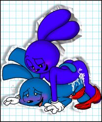 absurd_res anal anal_sex anthro ass balls bedroom_eyes blue_body blush bodily_fluids bottomwear bottomwear_around_one_leg clone_riggy clothed clothing clothing_around_one_leg cum danno_cal_drawings digital_drawing_(artwork) digital_media_(artwork) duo erection genital_fluids genitals gloves handwear haplorhine hi_res hybrid lagomorph leporid male male/male male_penetrated male_penetrating male_penetrating_male mammal monkey muffinlewds narrowed_eyes nude on_model open_mouth pants pants_around_one_leg partially_clothed penetration penile penis primate purple_body rabbit riggy_the_runkey seductive sex shorts shorts_around_one_leg shorts_down simple_background smile tail tail_wrapped tail_wrapped_around tongue