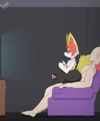 1boy animated ass big_ass braixen dengon feral furry gaming heart implied_sex partially_clothed pokémon_(species) pokemon pokemon_(species) reverse_cowgirl_position sitting sitting_on_person smile tagme