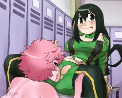 2girls blush censored cunnilingus devouring_pussy duo female female/female genitals hero_outfit_(mha) hi_res horn horned_humanoid human humanoid khartemis licking mammal mina_ashido mosaic_censorship my_hero_academia nude pussy spread_legs spreading superhero_costume tongue tongue_out tsuyu_asui yuri