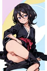 1girls ai_generated black_kimono bleach japanese_clothes kuchiki_rukia minimalist_background pussy pussy_peek rukia_kuchiki sideways smug