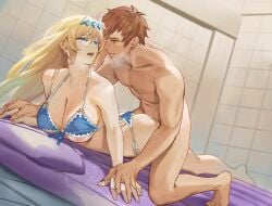 1boy 1girls air_mattress ass bikini bikini_top_lift blonde_hair blue_bikini blue_eyes boy_on_top breasts brown_eyes brown_hair cleavage clothed_female_nude_male clothes_lift commentary_request commission eye_contact female flower front-tie_bikini_top front-tie_top gran_(granblue_fantasy) granblue_fantasy hair_between_eyes hair_flower hair_ornament halterneck highres holding_hands indoors jeanne_d'arc_(granblue_fantasy) jeanne_d'arc_(summer)_(granblue_fantasy) large_breasts light-skinned_female light-skinned_male light_skin long_hair looking_at_another lying nipple_slip nipples nude official_alternate_costume on_stomach open_mouth paid_reward_available pixiv_commission prone_bone sex sex_from_behind short_hair side-tie_bikini_bottom straight sunao_(souis) sweat swimsuit tile_wall tiles white_flower