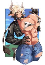 abs bell_collar big_breasts black_hair blonde_hair breasts breasts_bigger_than_head cathyl_(monster_musume) cow_ears cow_girl cow_horns cow_print cowgirl fugaku_(miko_no_miyatsuguchi) fugakuwinter horns looking_at_viewer minotaur_girl monster_girl monster_musume_no_iru_nichijou multicolored_hair muscular_female ripped_clothing ripped_jeans solo_female yellow_eyes