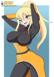 1girls 2022 arms_behind_head big_breasts blonde_hair blue_eyes blush bodysuit breasts darkness_(konosuba) ddbrothers erect_nipples erect_nipples_under_clothes female female_only kono_subarashii_sekai_ni_shukufuku_wo! long_hair nipple_bulge open_mouth ponytail pose ribbon simple_background solo solo_female