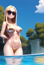 3d ahoge ai_generated apopfonz big_breasts bikini blonde_hair breasts female gold_bikini hands_on_hips light-skinned_female light_skin lipstick long_hair pale-skinned_female pale_skin realistic savannahxyz solo solo_female sunglasses swimming_pool tagme tinted_eyewear youtube youtuber