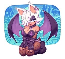 1girls anthro bat blue_eyes boots breasts chiropteran cleavage collar fangs female fingerless_gloves fishnet_legwear goobone goth kneeling pantyhose rouge_the_bat smile solo sonic_(series) white_hair