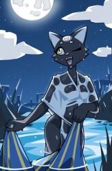 1girls 2023 black_body black_fur breasts cheek_tuft cute cute_fangs fangs feline female female_only furry furry_only in_water medium_breasts moon nulia one_eye_closed open_mouth river starry_sky tarahe teeth tongue wet_body wet_clothes wholesome yellow_eyes