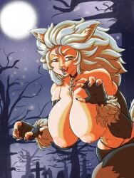 alternate_version_available big_breasts blush breasts breasts_bigger_than_head cleavage halloween halloween_costume huge_breasts large_breasts light-skinned_female light_skin looking_at_viewer nipple nude silver_hair trem.hunt.er_(artist) virtual_youtuber vshojo werewolf white_hair yellow_eyes zentreya