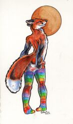 anthro ass balls_outline black_body black_fur canid canine clothed clothing fox fur genital_outline grin heather_bruton legwear legwear_only male mammal mostly_nude multicolored_clothing multicolored_legwear multicolored_stockings panties rainbow_clothing rainbow_legwear rainbow_stockings red_body red_fox red_fur smile solo stockings stockings_only thigh_highs topless underwear white_body white_fur