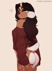 1girls animal_ears anthro ass black_hair bottomless earrings fur heart holding_own_ass horns kody_(pudgeruffian) long_hair looking_at_viewer looking_back partially_clothed piercing presenting pudgeruffian smile solo standing tail thick_thighs white_background yellow_eyes