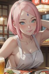 1girls ai_generated alxss94 apron apron_only barely_clothed boruto:_naruto_next_generations exhibitionism exhibitionist female female_focus functionally_nude green_eyes indoors mostly_nude nai_diffusion naked_apron naruto naruto_(series) pink_hair public_indecency public_nudity restaurant sakura_haruno stable_diffusion waitress worker