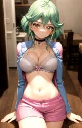 ai_generated blush bra d_rikazangetsu green_hair jacket lingerie_bra orange_eyes rin_(yu-gi-oh!_arc-v) short_hair short_pants smile yu-gi-oh! yu-gi-oh!_arc-v