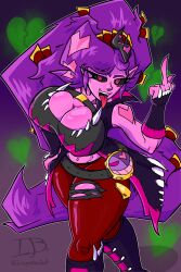 abs big_breasts black_eyes breasts demon_girl demon_horns demon_humanoid demoness fangs female female_demon female_focus female_only flipping_off heart hearts_around_body imagination_bolt long_hair long_tongue nipple_bulge original_character pants_rip pink_eyes pink_skin ponytail purple_hair red_pants tarot_card thick_thighs tight_pants umbra_deamon_(imagination_bolt)