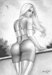 ass ass_focus big_breasts black_and_white breasts bubble_ass bubble_butt choker cleavage_overflow dat_ass eduardo_copati elbow_gloves emma_frost greyscale large_breasts marvel marvel_comics new_x-men sideboob thighhighs thong thong_panties white_queen x-men