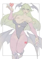 2023 artist_name black_border black_leotard blush border breasts bridal_gauntlets capcom cleavage clothing collarbone commentary darkstalkers drawn english_commentary female green_eyes green_hair head_wings large_breasts leotard long_hair looking_at_viewer low_wings morrigan_aensland muted_color off_shoulder open_hand open_mouth outside_border pantyhose purple_pantyhose smile snowcie solo succubus vampire_(game) very_long_hair white_background wings