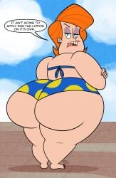 1girls altzegoz_(artist) ass ass_focus bbw big_ass big_butt bikini bottom_heavy bubble_ass bubble_butt dat_ass dialogue earrings fat_ass fat_butt female female_only lipstick looking_at_viewer mary_frances_gibbons milf nickelodeon orange_hair solo speech_bubble talking_to_viewer text text_bubble the_mighty_b! thick_thighs