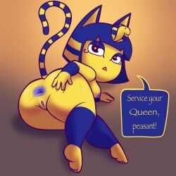 absurd_res animal_crossing ankha ankha_(animal_crossing) anthro anus areola armwear ass blen_bodega blue_anus blue_hair blue_pussy bodily_fluids clothing dialogue domestic_cat dripping_pussy egyptian egyptian_cat egyptian_clothing egyptian_headdress english_text felid feline felis female fur genitals hair hi_res inviting inviting_to_sex legwear mammal markings nintendo on_ground pussy regret_everything simple_background solo spread_butt spreading striped_markings striped_tail stripes sweat sweaty_butt sweaty_genitalia tail tail_markings text yellow_body yellow_fur