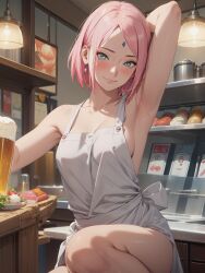 1girls ai_generated alxss94 apron apron_only barely_clothed boruto:_naruto_next_generations exhibitionism exhibitionist female female_focus functionally_nude green_eyes indoors mostly_nude nai_diffusion naked_apron naruto naruto_(series) pink_hair public_indecency public_nudity restaurant sakura_haruno stable_diffusion waitress worker