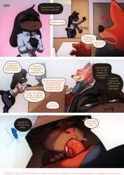 1boy 2girls anthro blowjob blue_eyes cheating_wife clothing comic doxy english_text female furry furry_only lucy_leaps_(doxy) mrs._otterton nick_wilde onomatopoeia text zootopia