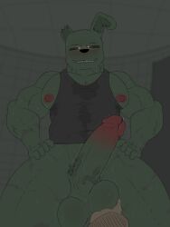 absurd_res anthro ball_fondling balls big_balls big_penis bodily_fluids bottomless clothed clothing duo five_nights_at_freddy's five_nights_at_freddy's_3 fondling genital_fluids genitals hi_res lagomorph leporid male male_only mammal muscular muscular_male nipple_slip pecs penis postel precum rabbit scottgames shirt springtrap springtrap_(fnaf) sweat sweat_stain tank_top topwear wet wet_clothing wet_shirt wet_topwear