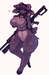 ... 1girls 2023 4_ears big_breasts black_body black_fur black_sheep black_wool blush breasts bullet caprine cloven_hooves eyebrows eyebrows_visible_through_hair eyelashes featureless_breasts featureless_crotch female female_only firearm furry furry_only gun hooves horns huge_breasts navel object_between_breasts open_mouth purple_body purple_fur purple_hair red_eyes sheep sheep_girl sheep_horns signature simple_background tail weapon woozie