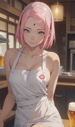 1girls ai_generated alxss94 apron apron_only barely_clothed boruto:_naruto_next_generations exhibitionism exhibitionist female female_focus functionally_nude green_eyes indoors mostly_nude nai_diffusion naked_apron naruto naruto_(series) pink_hair public_indecency public_nudity restaurant sakura_haruno stable_diffusion waitress worker