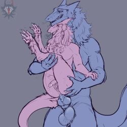 anal anthro balls biped bodily_fluids cuntboy duo full-package_cuntboy genital_fluids genitals herm hermaphrodite hi_res intersex intersex/male knot male maleherm multi_genitalia penis precum pussy reverse_stand_and_carry_position ruttingstrap sergal sex standing standing_sex