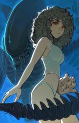 1girls 1other alien alien_(franchise) ambiguous_gender artist_name artist_signature big_hair black_hair cat ellen_ripley female happy_birthday jonesy_(alien) medium_breasts monster oxcoxa panties tank_top twitter_link underwear xenomorph