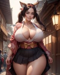 1girls ai_generated big_breasts big_cleavage brown_hair brunette cat_ears female_only kw0337 white_female