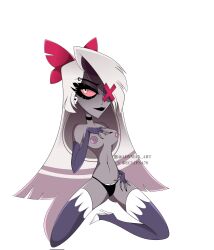 breasts clothed clothing demon demon_humanoid eclipsa78 female grey_body hair hazbin_hotel hi_res humanoid nipples panties partially_clothed simple_background smile solo thick_thighs underwear vaggie_(hazbin_hotel) white_hair