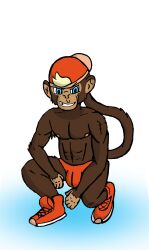 abs absurd_res anthro ape arm_tuft armpit_tuft blonde_hair blue_eyes brown_body brown_fur chimpanzee clothed clothing dyed_fur elbow_tuft footwear fur hair haplorhine hi_res jock jockstrap jockstrap_bulge jockstrap_only male mammal muscular muscular_anthro muscular_male orange_clothing pan_(genus) pecs primate shoes sneakers solo solo_focus thereexistsk topless tuft underwear underwear_only