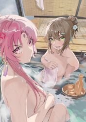 2girls :d absurdres anger_vein auguste bathing breasts collarbone commentary_request cup drink forehead_jewel fu_xuan_(honkai:_star_rail) green_eyes grey_hair highres honkai:_star_rail honkai_(series) hot_spring large_breasts long_hair looking_at_viewer multiple_girls nude onsen open_mouth pink_eyes pink_hair pov qingque_(honkai:_star_rail) sake shared_bathing smile tray water