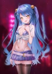 amamiya_kokoro belly belt blue_bra blue_hair blue_skirt choker female female_only fully_clothed ishi_no_shita looking_at_viewer nijisanji pigtails revealing_clothes skimpy_clothes smile stockings tagme thong thong_above_skirt thong_straps tights virtual_youtuber yellow_eyes