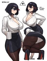 1girls aged_up ass black_hair blue_eyes breasts dat_ass dialogue donburikazoku english_text female female_only fully_clothed good_artwork hi_res high_heels huge_ass huge_breasts kill_la_kill light-skinned_female light_skin matoi_ryuuko office_lady panties pantyshot short_hair simple_background solo thick_thighs underwear very_high_heels