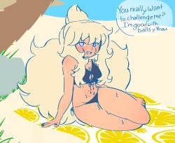 abs beach bee_and_puppycat bikini blonde_hair blush cleavage cleavage_cutout eyebrow_raise female female_abs female_only fluffy_hair looking_at_viewer painted_nails sensual_wording sitting sitting_on_floor smile sweat sweating thick_thighs thighs toast_(bee_and_puppycat)