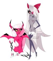 2demons 2girls breasts clothed clothing demon demon_girl demon_girls demon_humanoid duo eclipsa78 female genitals grey_body hair hazbin_hotel helluva_boss hi_res horns humanoid multiple_girls nipples open_mouth open_smile partially_clothed pink_body pink_eyes pussy red_eyes simple_background smile succubus succubus_horns succubus_wings teeth thick_thighs vaggie_(hazbin_hotel) verosika_mayday_(helluva_boss) white_hair wings