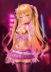 amamiya_kokoro belly belt blonde_hair choker ganguro gyaru ishi_no_shita leopard_print looking_at_viewer nijisanji pigtails pink_clothing pink_skirt smile tagme thong thong_above_skirt thong_straps tights virtual_youtuber yellow_eyes