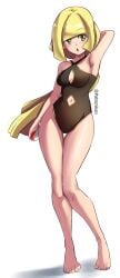 1girls 2022 black_swimsuit blonde_hair blush breasts feet female female_only full_body game_freak green_eyes hair hand_behind_head heart hips long_hair lusamine_(pokemon) mature_female mature_woman milf mother pabsmikan pokeball pokemon pokemon_sm solo solo_female swimsuit swimwear thighs