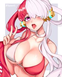 1girls big_breasts bikini blush breasts choker female female_only highres kasumi6 long_hair looking_at_viewer multicolored_hair one_piece one_piece_film_red peace_sign purple_eyes red_hair tongue_out two_tone_hair uta_(one_piece) white_hair