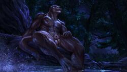 2023 abs absurd_res animal_genitalia anthro balls biceps brown_body brown_fur casual_nudity digital_media_(artwork) digital_painting_(artwork) forest fully_sheathed fur genitals hi_res low-angle_view male mammal muscular muscular_anthro muscular_male muscular_thighs mustelid navel night nipples nude outside pecs plant pose quads s_anima sheath solo tail tan_body tan_fur thick_thighs tree water were weremustelid wereotter wet whiskers