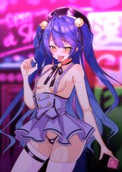 1girls amamiya_kokoro blowjob_gesture blue_clothing blue_hair breasts condom dress female hat ishi_no_shita looking_at_viewer nijisanji nipple_slip pigtails pussy_juice tagme thong tongue tongue_out virtual_youtuber white_thighhighs yellow_eyes